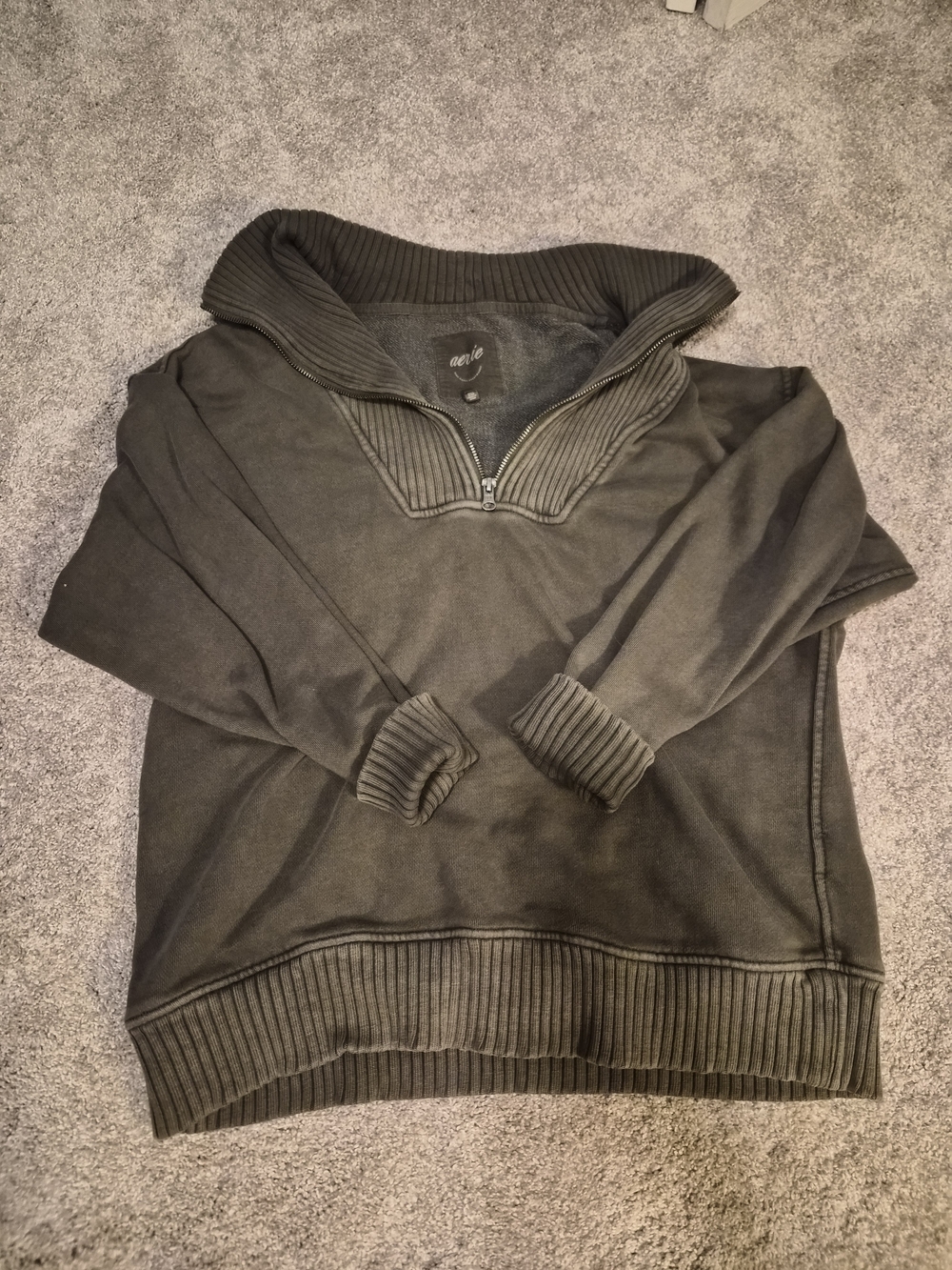 aerie Olive Half-Zip Sweater with Ribbed Collar